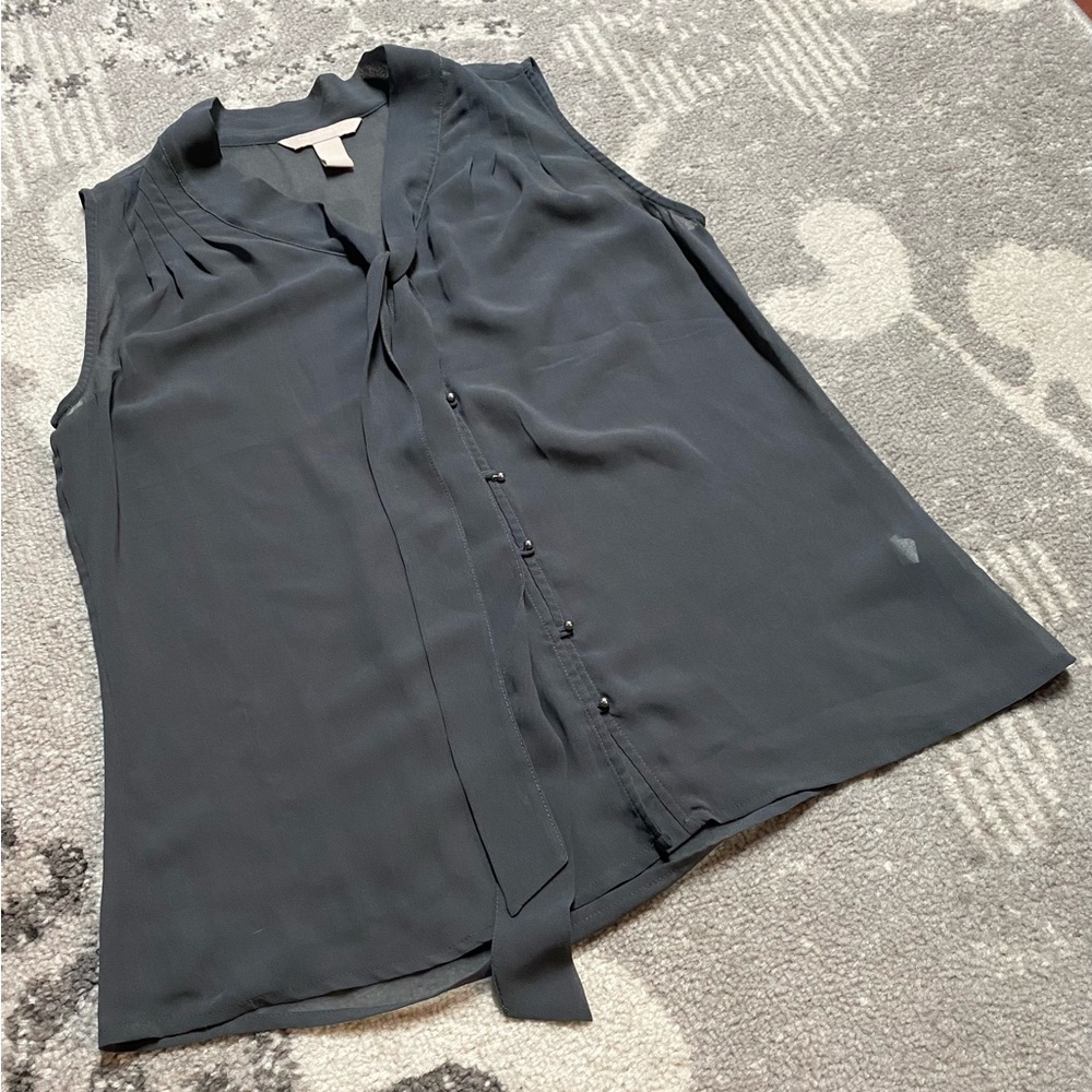 Banana Republic Sheer Grey Sleeveless Blouse with Neck Tie Scarf Detail